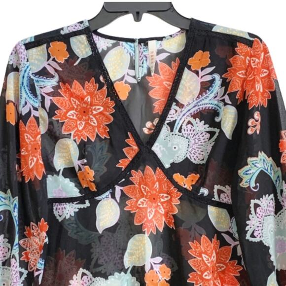 RAGA Anthropologie Blouse Tassel 3/4 Sleeve V-Neck Black Orange Floral Top Small - Picture 4 of 15